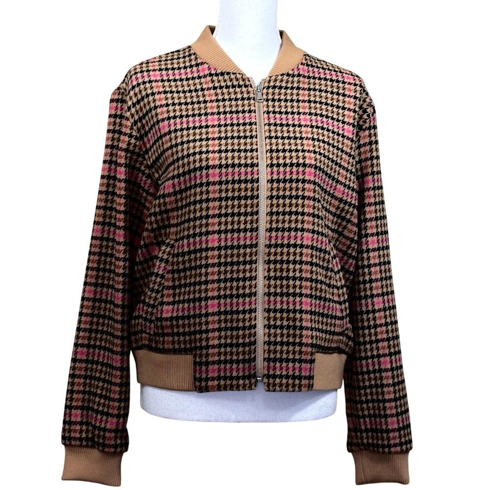 Loft Houndstooth Full Zip Bomber Jacket Brown Medium NWT Preppy Heritage Fall